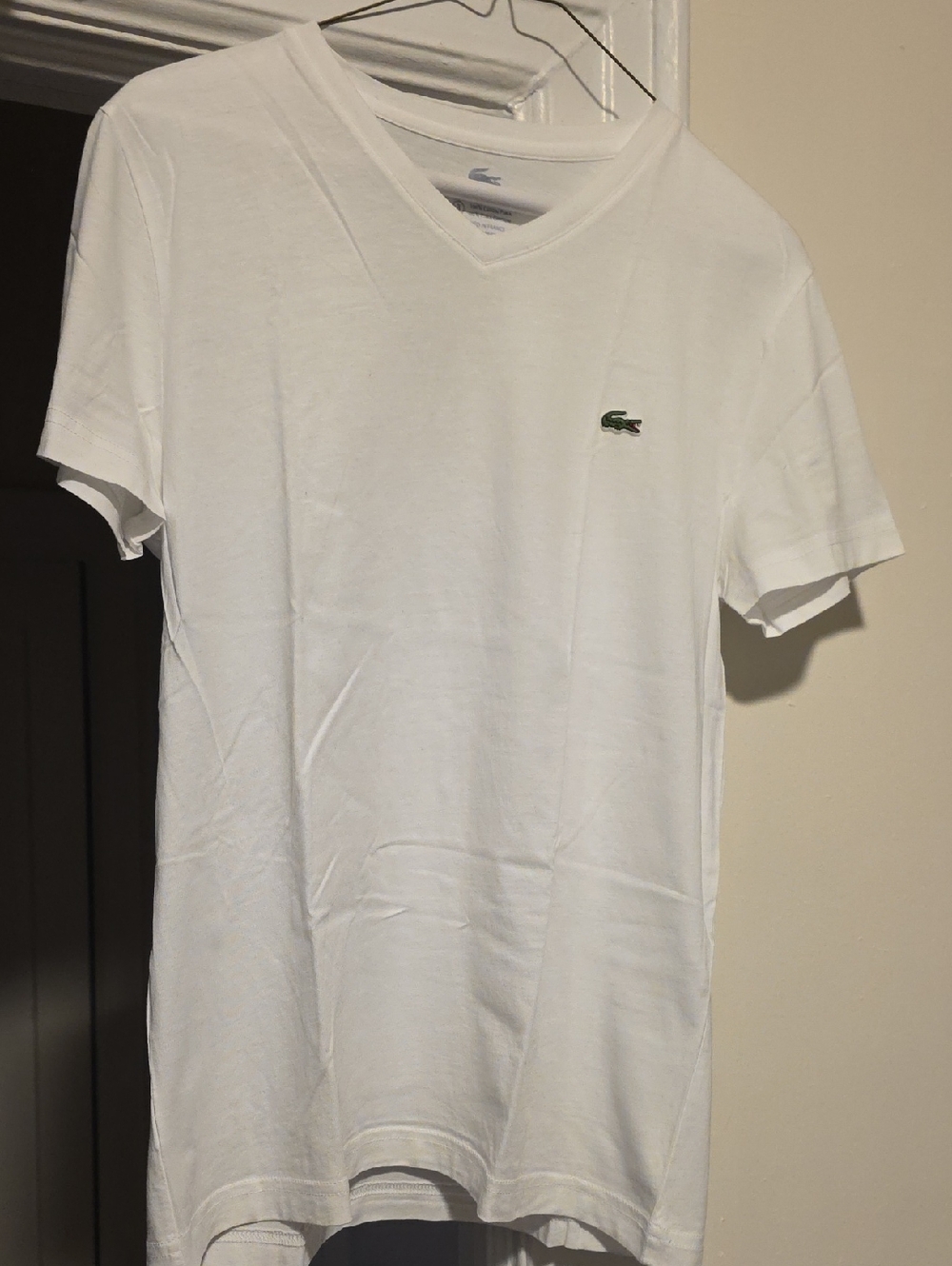 Lacoste Men’s White V-Neck Tee with Green Crocodile Logo
